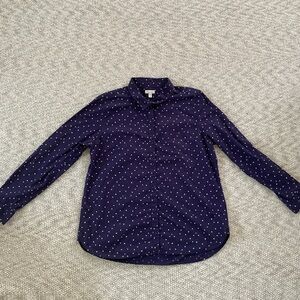 Garnet Hill Navy Blue White Polka Dot Button Down Shirt Organic Pima Cotton 14
